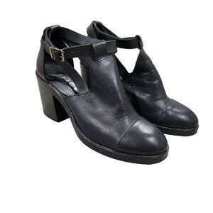 Office London Cutout Black Chunky Heel Booties Ankle Leather Sz 39
